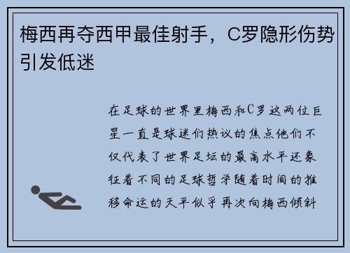 梅西再夺西甲最佳射手，C罗隐形伤势引发低迷